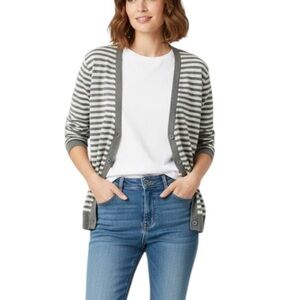 Urban Outfitters BDG Preppy Striped Cardigan Sweater Medium Grey White Relaxed